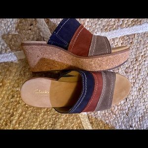 Clarks Tri-color Cork Wedge Sandal, 8W, New